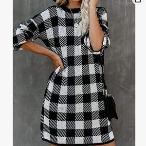 Winter Long Sleeves Mini Sweater Dress Plaid Print Crew Neck Oversized